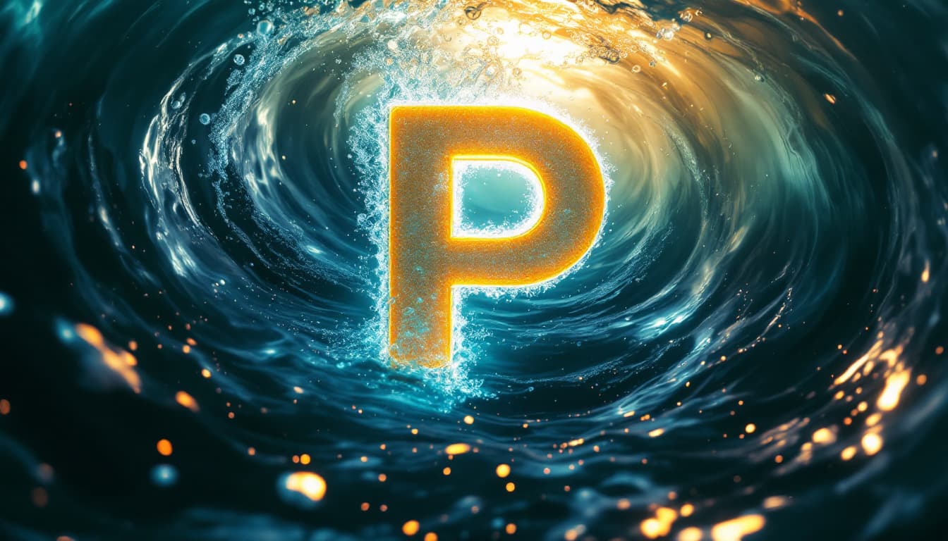 AI generated: 3D render of the letter [P], periwinkle and canary yellow color blend, under the water, swirling wat...
