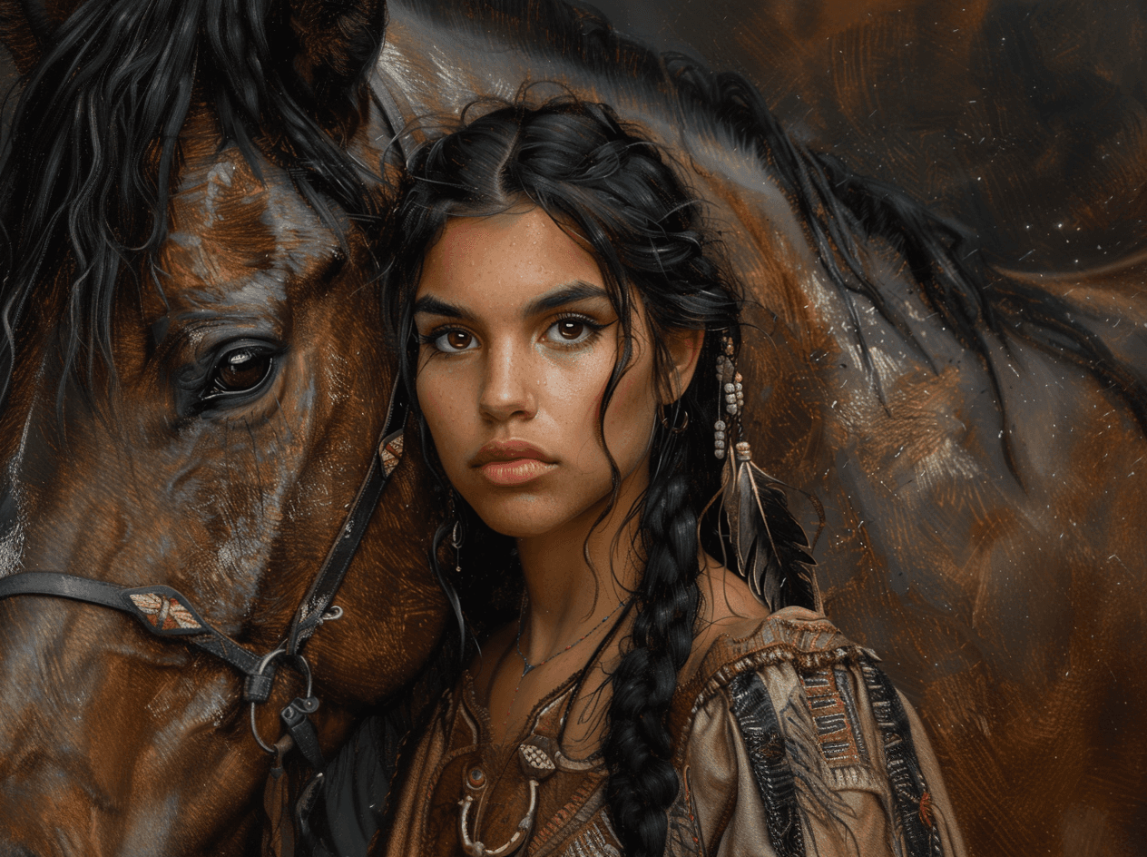 AI generated: A beautiful young American native woman with black hair and eyes stands next to her horse. The woman...