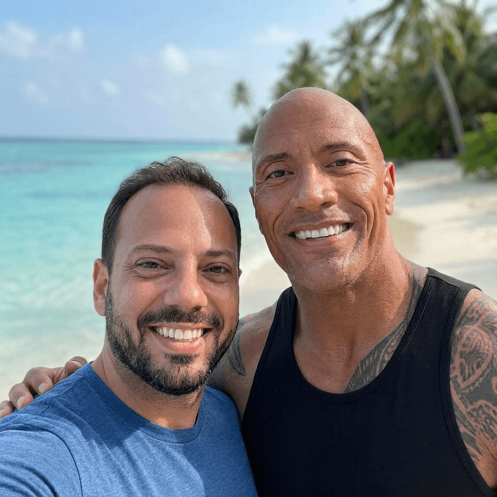 AI generated: with Dwayne Johnson at a tropical beach, sunny day, both smiling