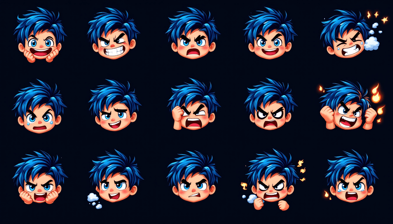 AI generated: **Image Prompt:**
"Create a set of 10 detailed chibi-style emojis depicting a boy with indigo hair, ...