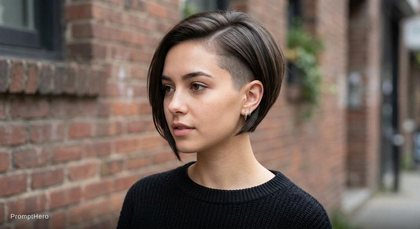 AI generated: short asymmetric pixie bob left side clippered to a short soft pelt, right side sleek to a point abo...