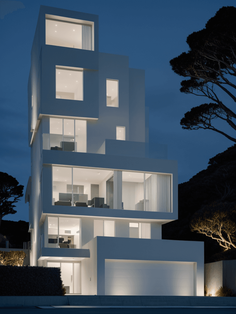 AI generated: Hyper realistic eye level exterior photo of a modern style house overlooking the ocean, night time, ...