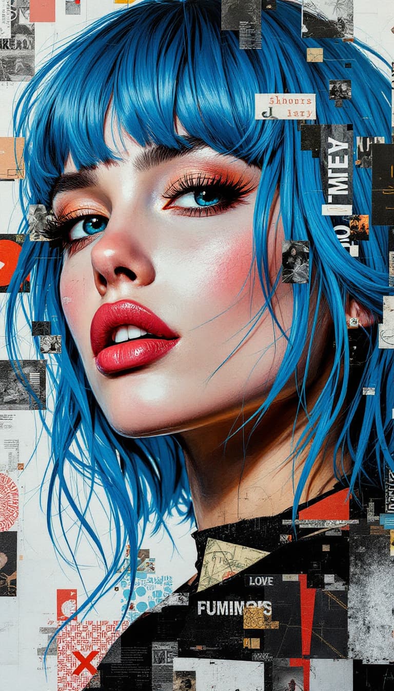 AI generated: woman with blue hair, in the style of multi-layered collages, edgy street art, celebrity-portraits, ...