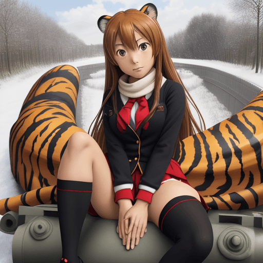 AI generated: toradora, taiga aisaka, anime, sit on tank, winter red school uniform, hand holding head, high detai...