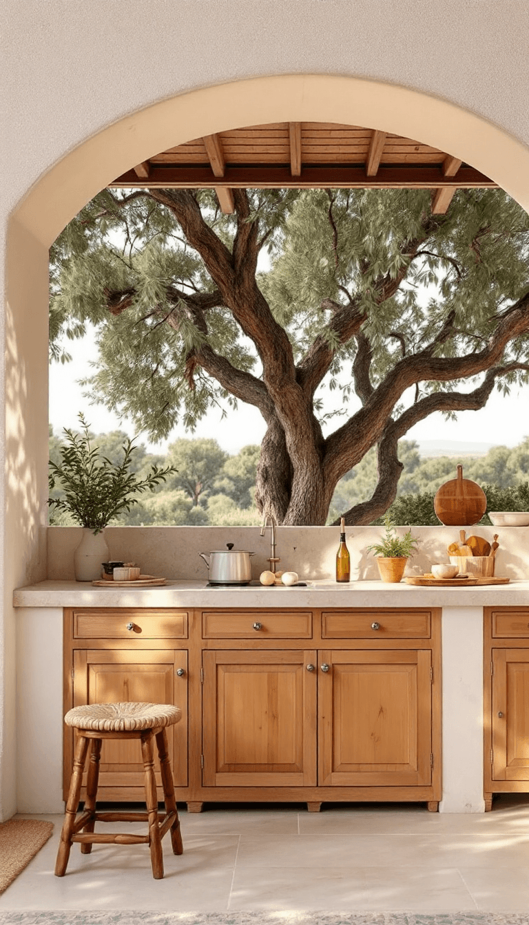 AI generated: photo of a gorgeous sunlit outdoor kitchen in Ibiza style, Spanish finca, Ibiza, big olive tree, sum...