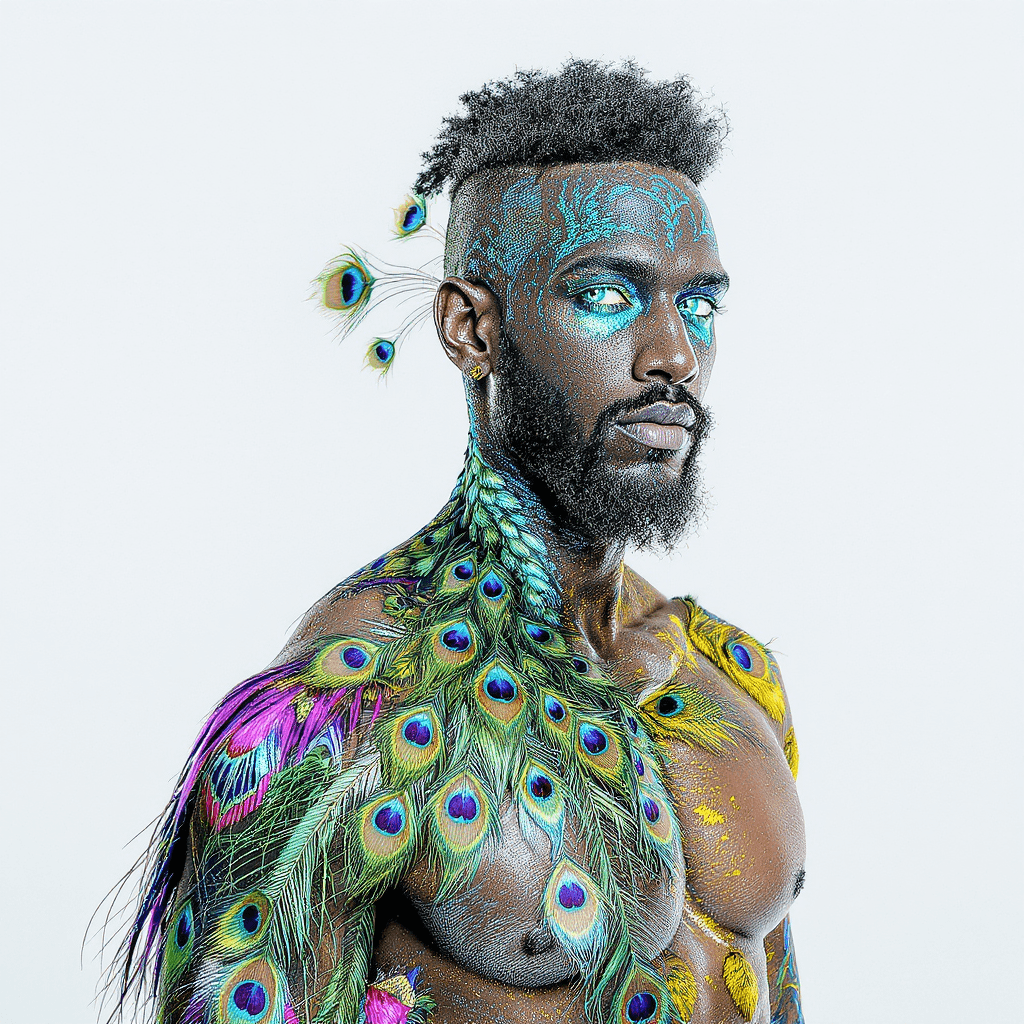 AI generated: A man with peacock genetics, his skin shimmering with iridescent feather patterns, eyes that are lit...