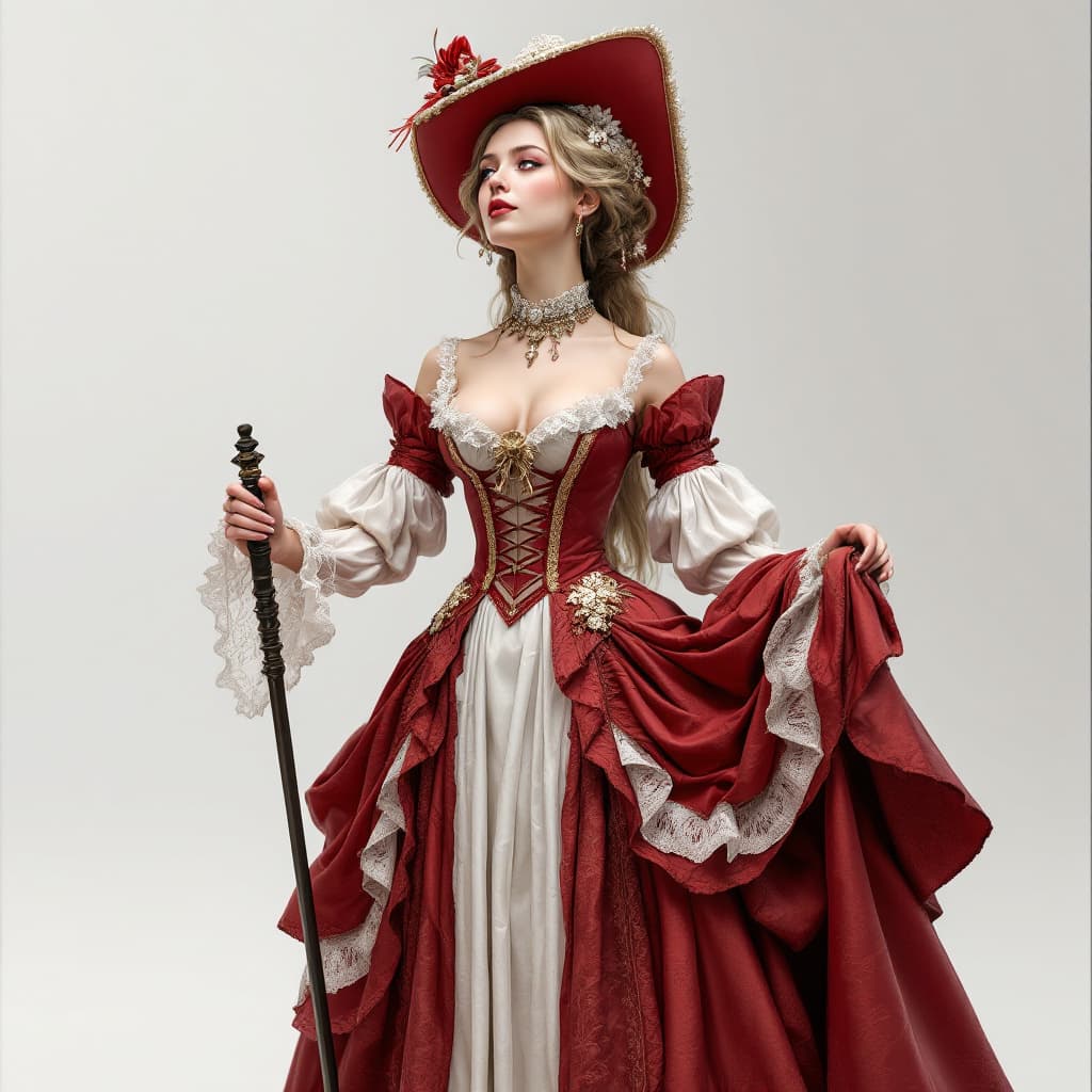 AI generated: a sexy woman in a red and white dress and hat holding a rod, wearing an under skirt, cgsociety conte...