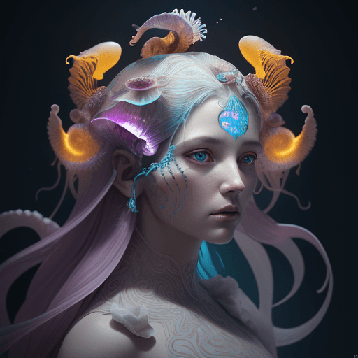 AI generated: Goddess close-up portrait ribcagel. jellyfish phoenix head, nautilus, orchid, skull, betta fish, bio...