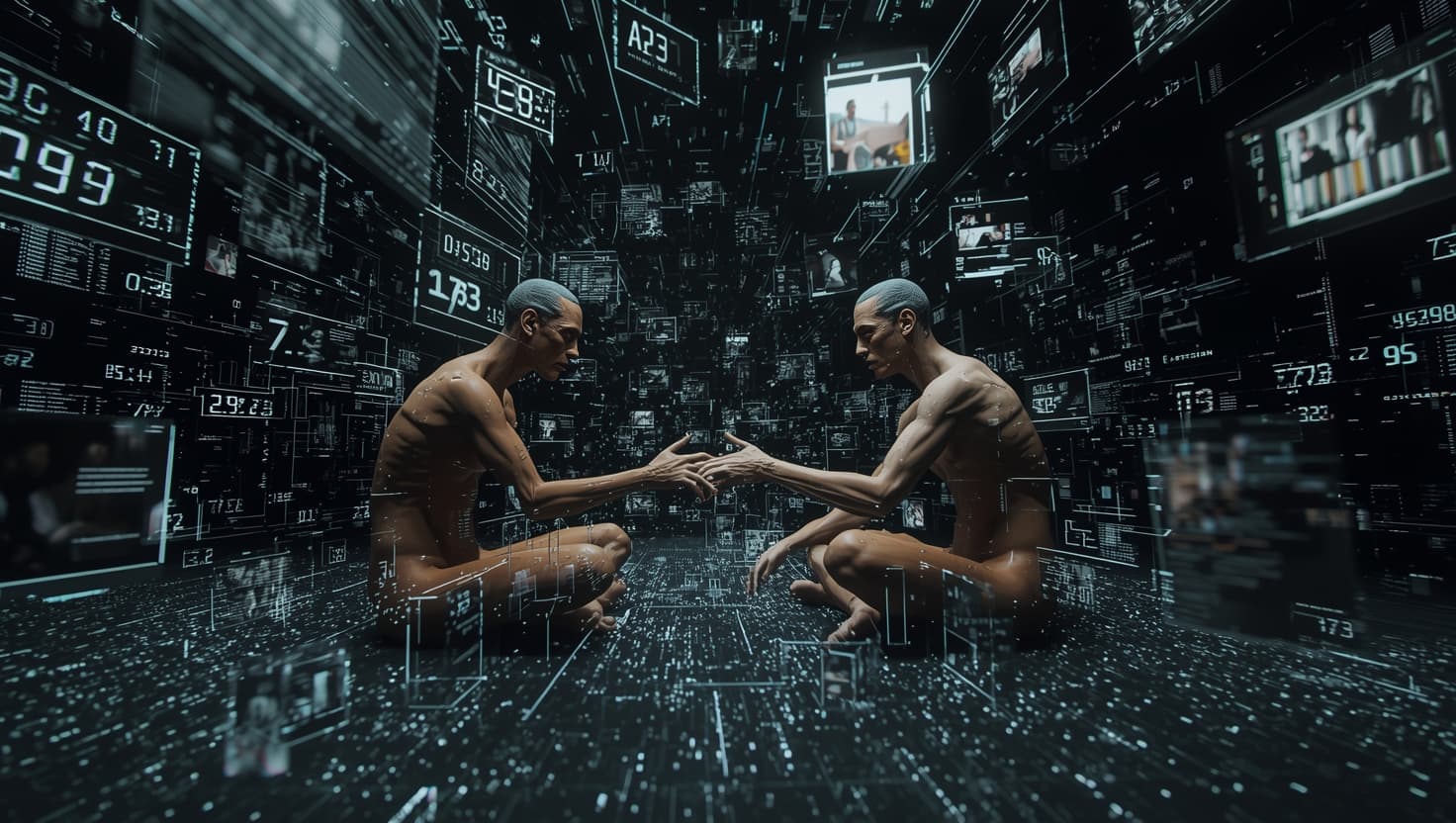 AI generated: camera shot around two 3D-scanned human figures sitting on the floor and reaching toward each other,...