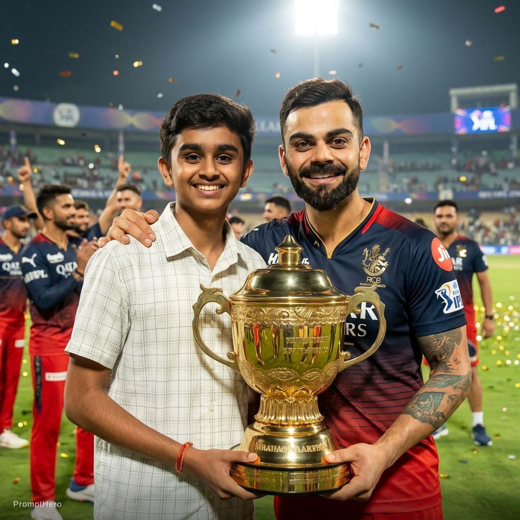 AI generated: Combine these two photos and make me to stand beside virat kohli with the ipl cup. Make virat giving...