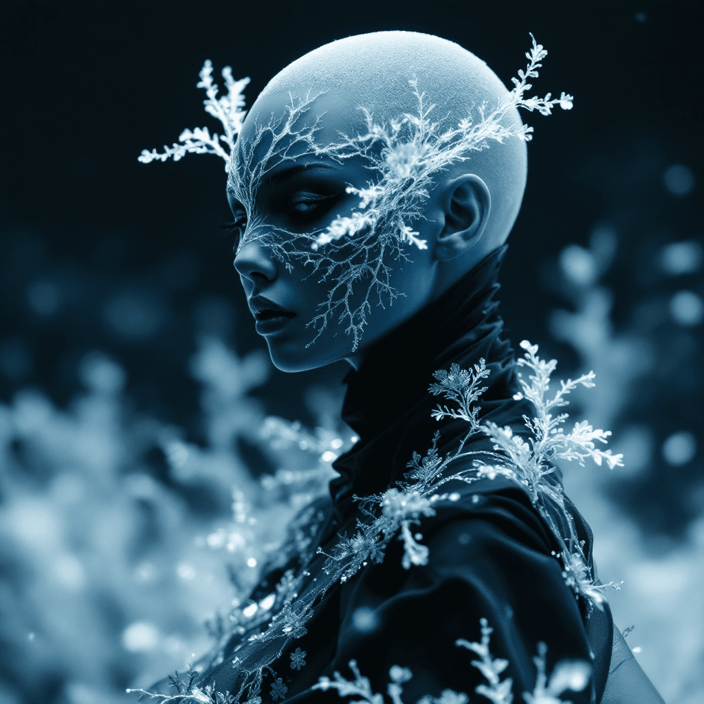 AI generated: A hyper-realistic portrait, in HD, 8K, of a young tall slender woman wearing an iced carnaval full b...