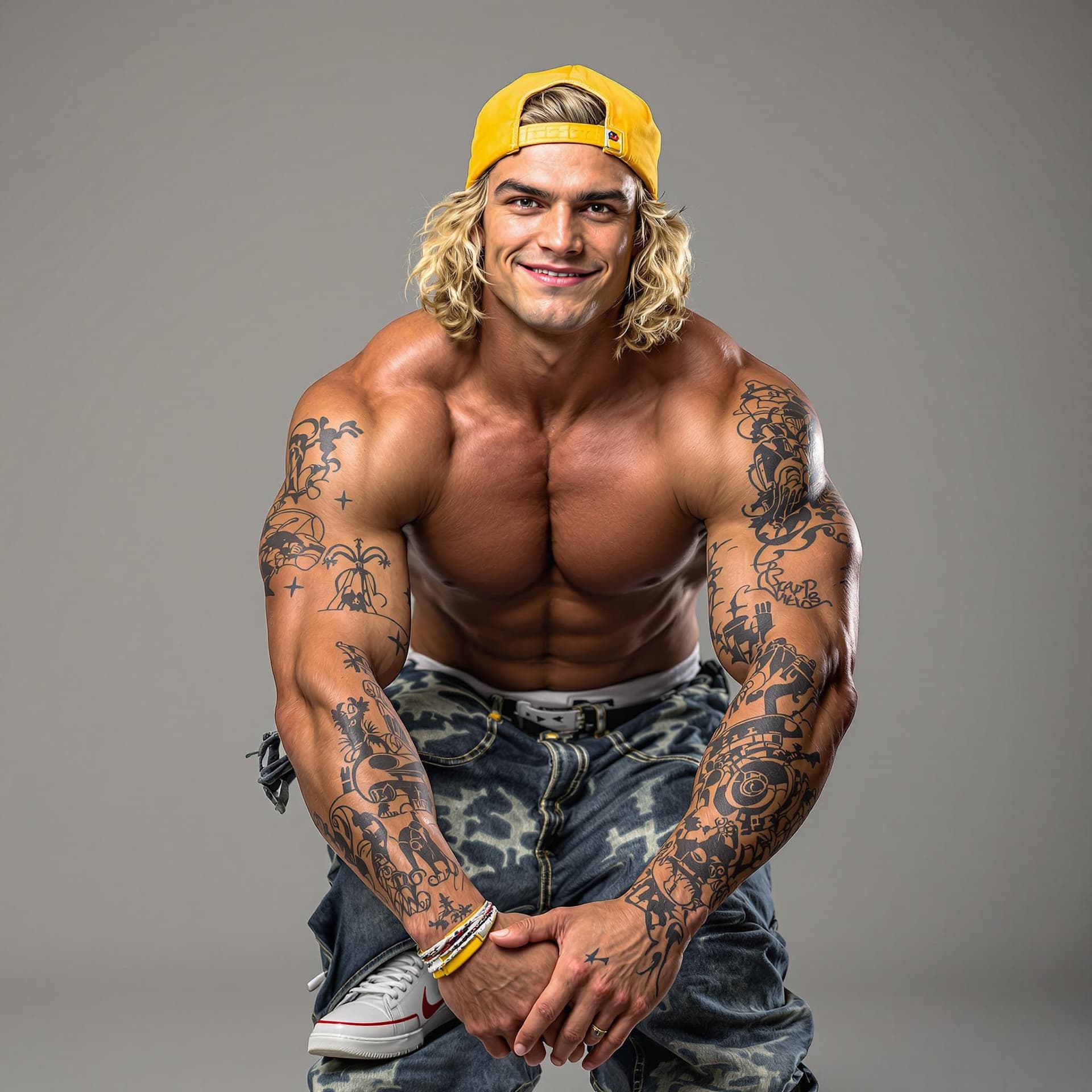 AI generated: young College sports jock, chiseled jaw, round face, crooked smile, curly blonde shoulder length hai...