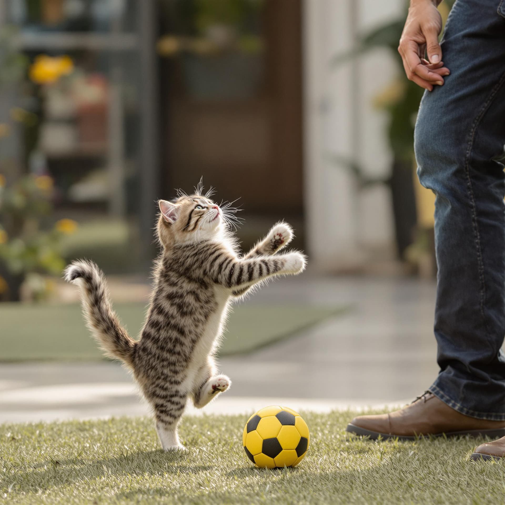 AI generated: Picture of a cat kicking a ball and playing with its owner