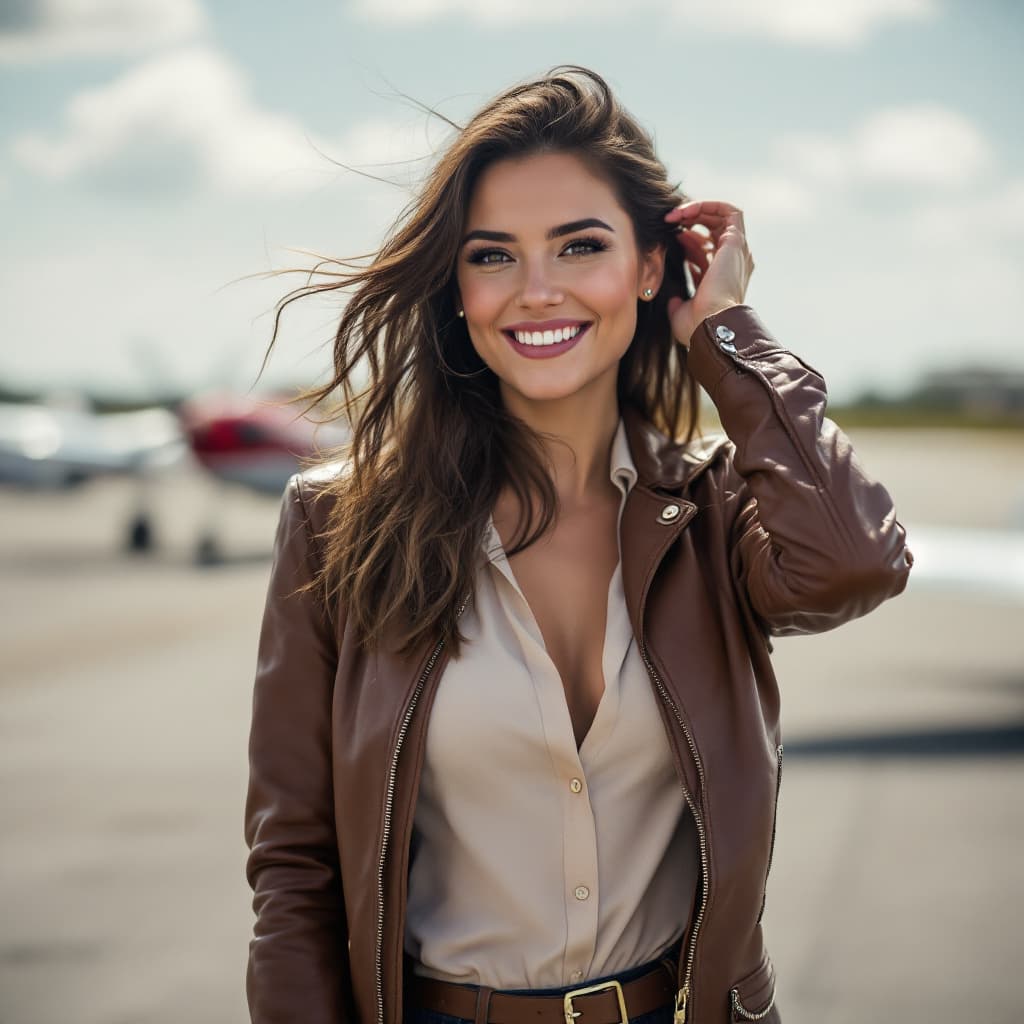 AI generated: 3/4 shot, photograph of, a happy 30 year old woman with very female shapes, wearing a leather pilot ...