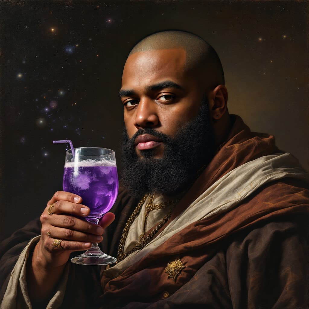AI generated: Obese american rapper without a beard and with short hair, holding a purple drink, overseeing the un...
