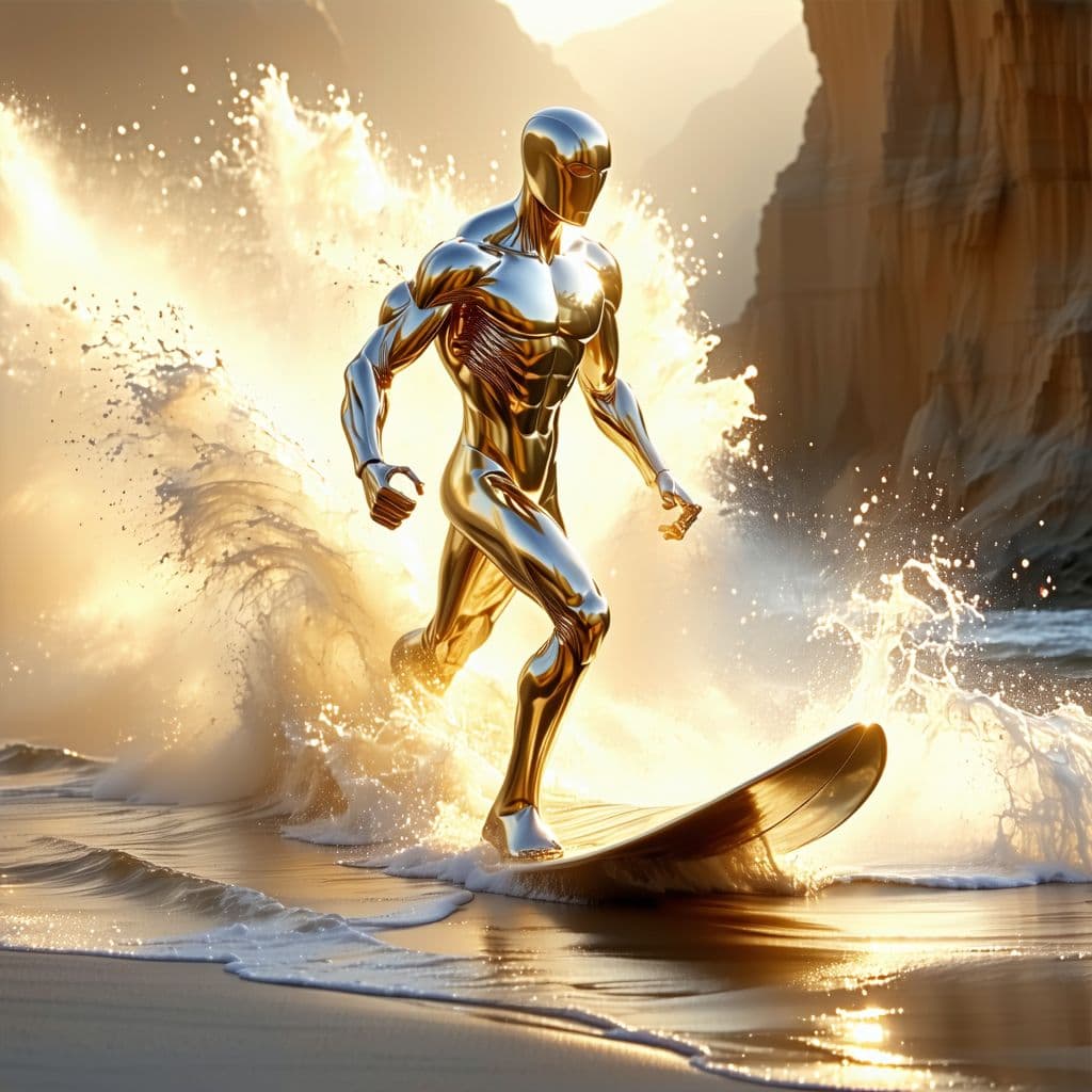 AI generated: A gold silver surfer inspired by the movie fantastic 4 and silver surfer however all features are ma...