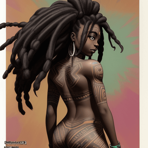AI generated: black African girl in her early twenties, with near invisible tribal back tattoos, thick black dread...