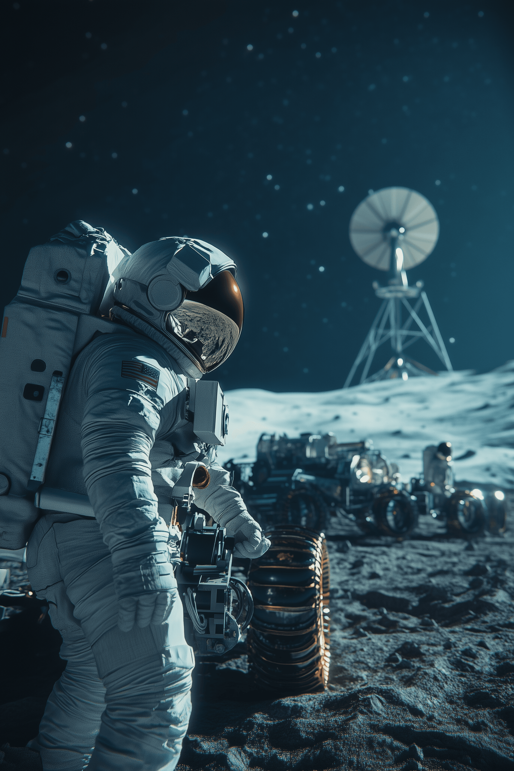 AI generated: Realistic shot of astronauts on the surface of a planet, with a lunar rover and space station in the...