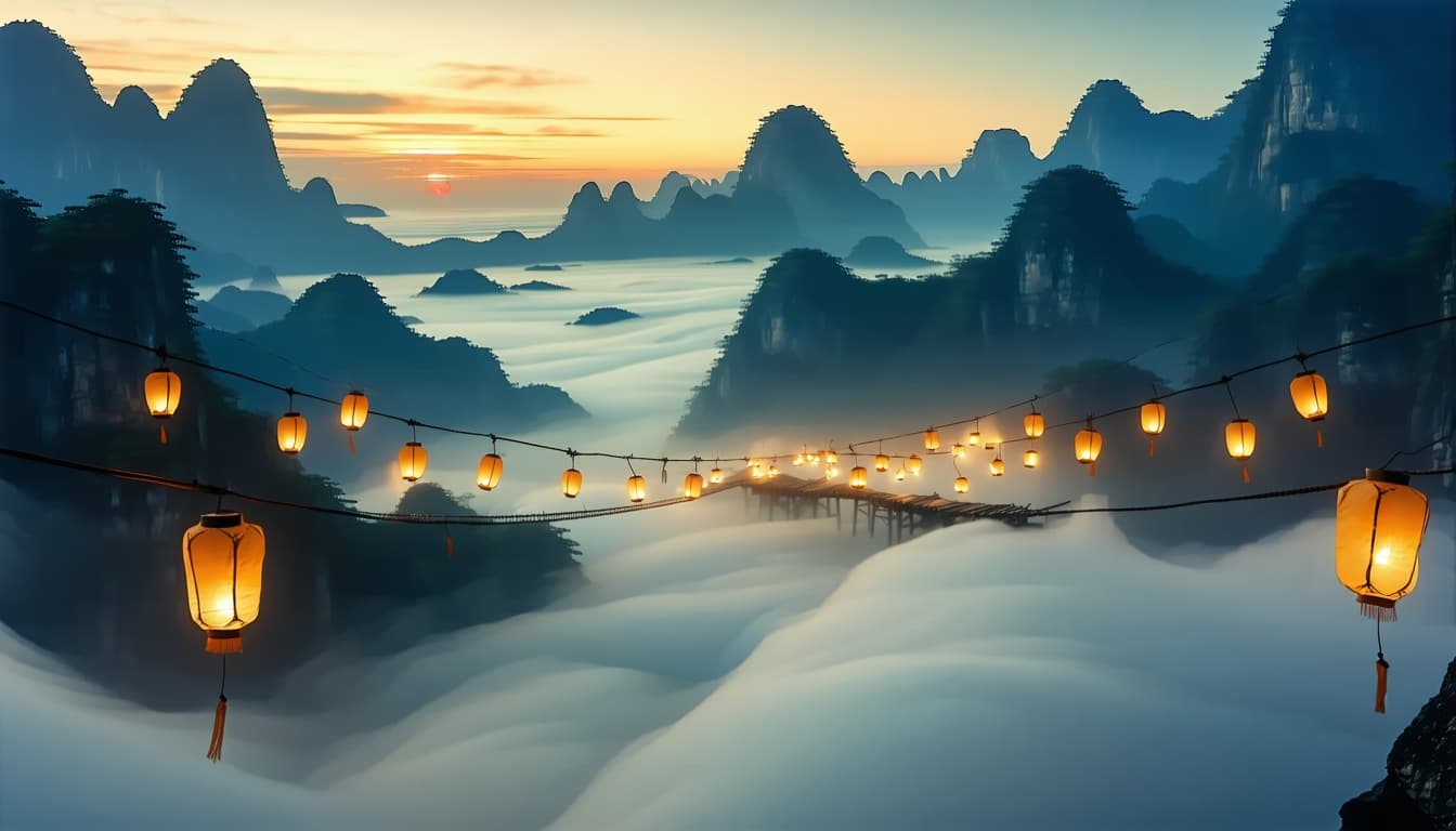 AI generated: Concept art. Medium shot. Vast mountains stretch beneath a foggy, blue-orange sky. Lanterns hang fro...