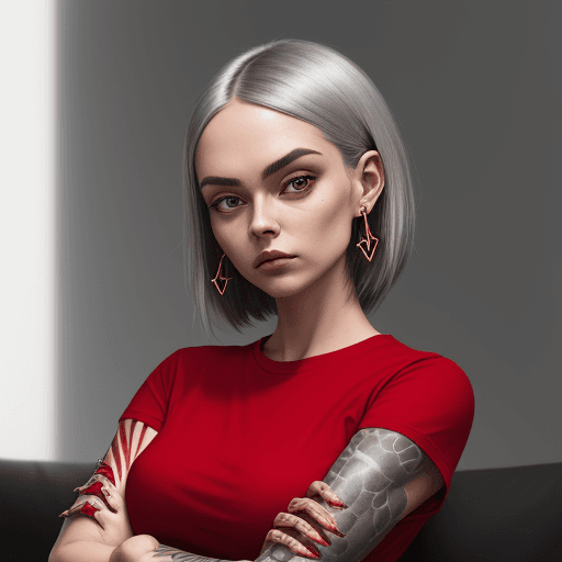 AI generated: a woman in red shirt with her arms folded against , in the style of tattoo, normcore, dark silver an...
