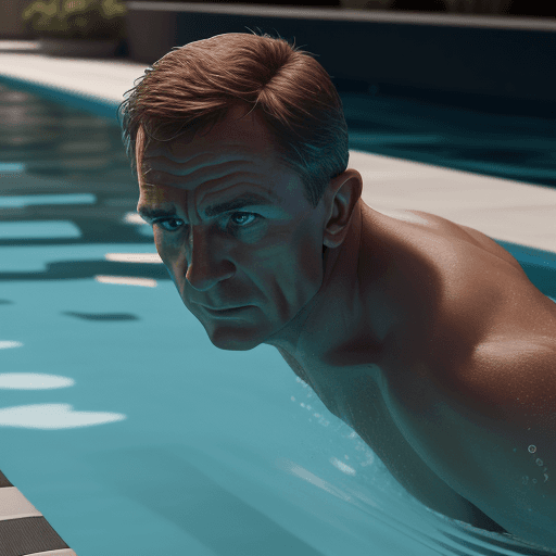 AI generated: cinematic 4K image of a photorealistic, James Bond diving in style into a pool 