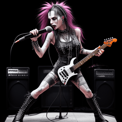AI generated: (metal music) , full body metal rock star woman with micro punk metal effects holding a guitar with ...