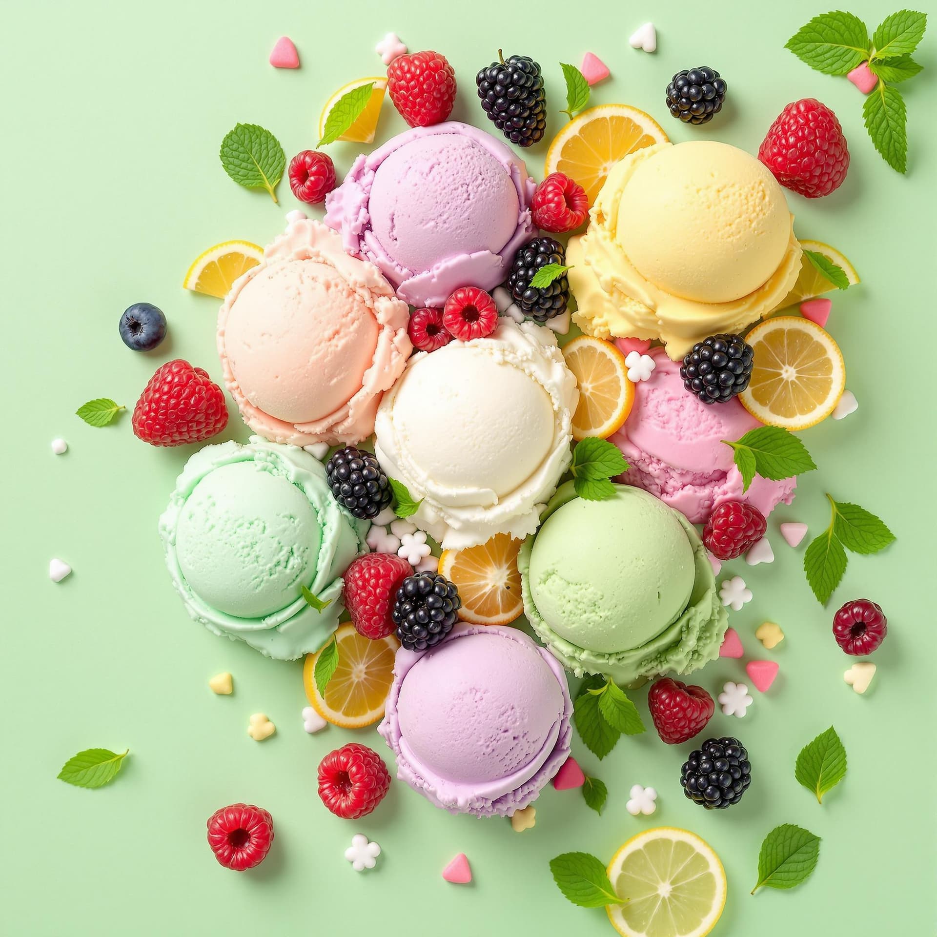 AI generated: The image features a vibrant and appetizing arrangement of ice cream scoops in various flavors neatl...