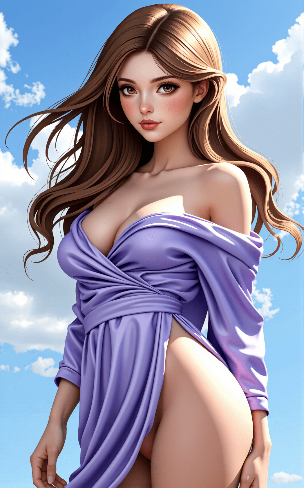 AI generated: A captivating young woman stands in a light purple silk robe that drapes off her shoulders and revea...