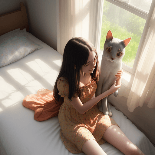 AI generated: girl in her 20s wearing colorful summer dress lies on a bed with her cat in a big empty room high de...