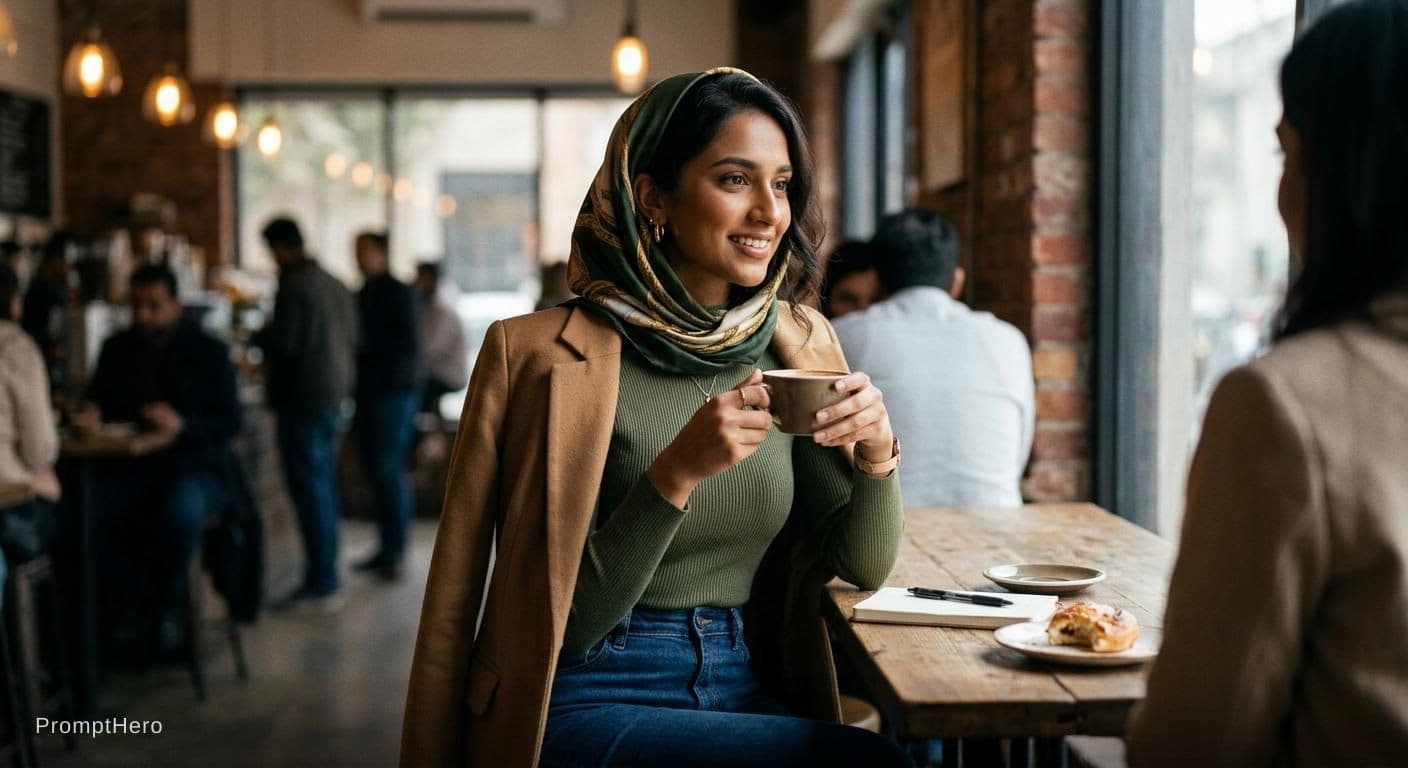 AI generated: Tiny Arabian Pakistani Woman 22 years old with big firm Breasts, Slim waist Sitting topless in a pub...