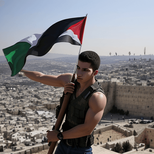 AI generated: A young resistance man carrying the Palestinian flag.  On a peak overlooking the occupied city of Je...