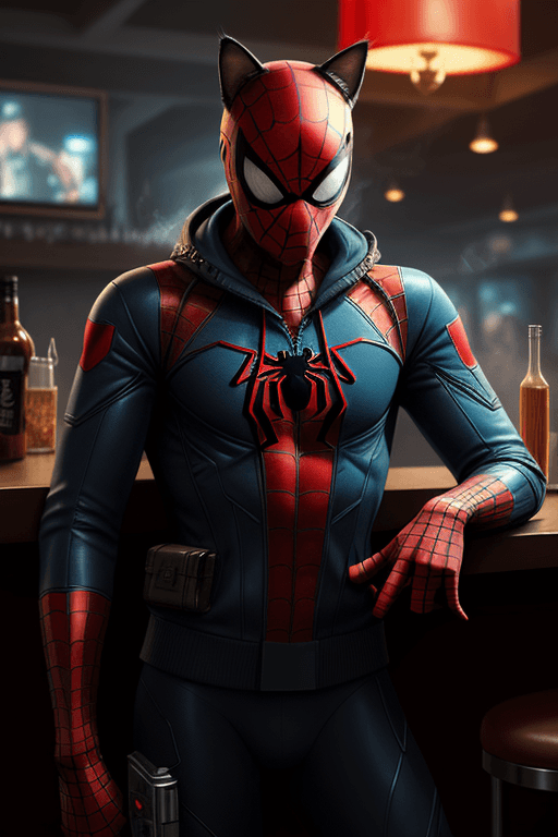 AI generated: A cat is smoking in a bar, hyperrealistic futuristic soldier wearing spiderman jacket, , 8k, artstat...
