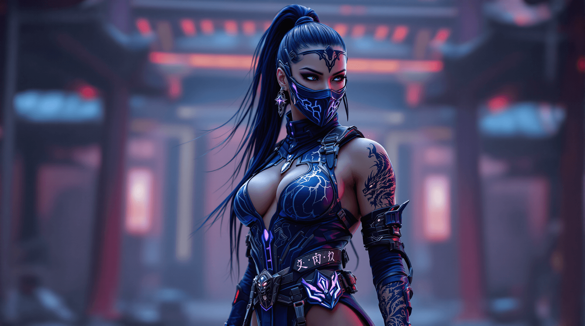 AI generated: A stunning Kitana warrior from Mortal Kombat, wearing a cyberpunk-inspired outfit in deep blue with ...