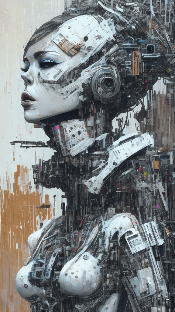 AI generated: Full body view of a woman's white face with flat white skin, intricate cyberpunk art inspired by San...