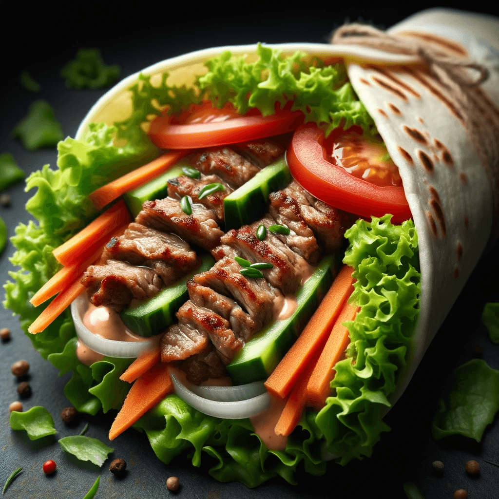 AI generated: A studio shot of a mouth-watering kebab wrap. The wrap is generously filled with grilled meat, crunc...