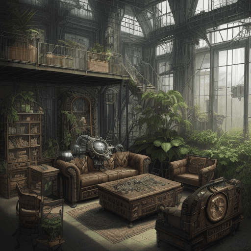 AI generated: Steampunk, human extinction, plants, furniture, greenhouse gas, dream, future, inanimate, carbon-bas...
