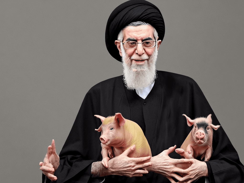 AI generated: portrait of ali khamenei holding a pig with both hands 4k