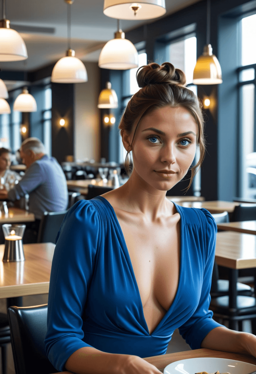 AI generated: iphone photo woman, brunette hair pulled up in a bun, well groomed hair, beautiful light blue eyes, ...