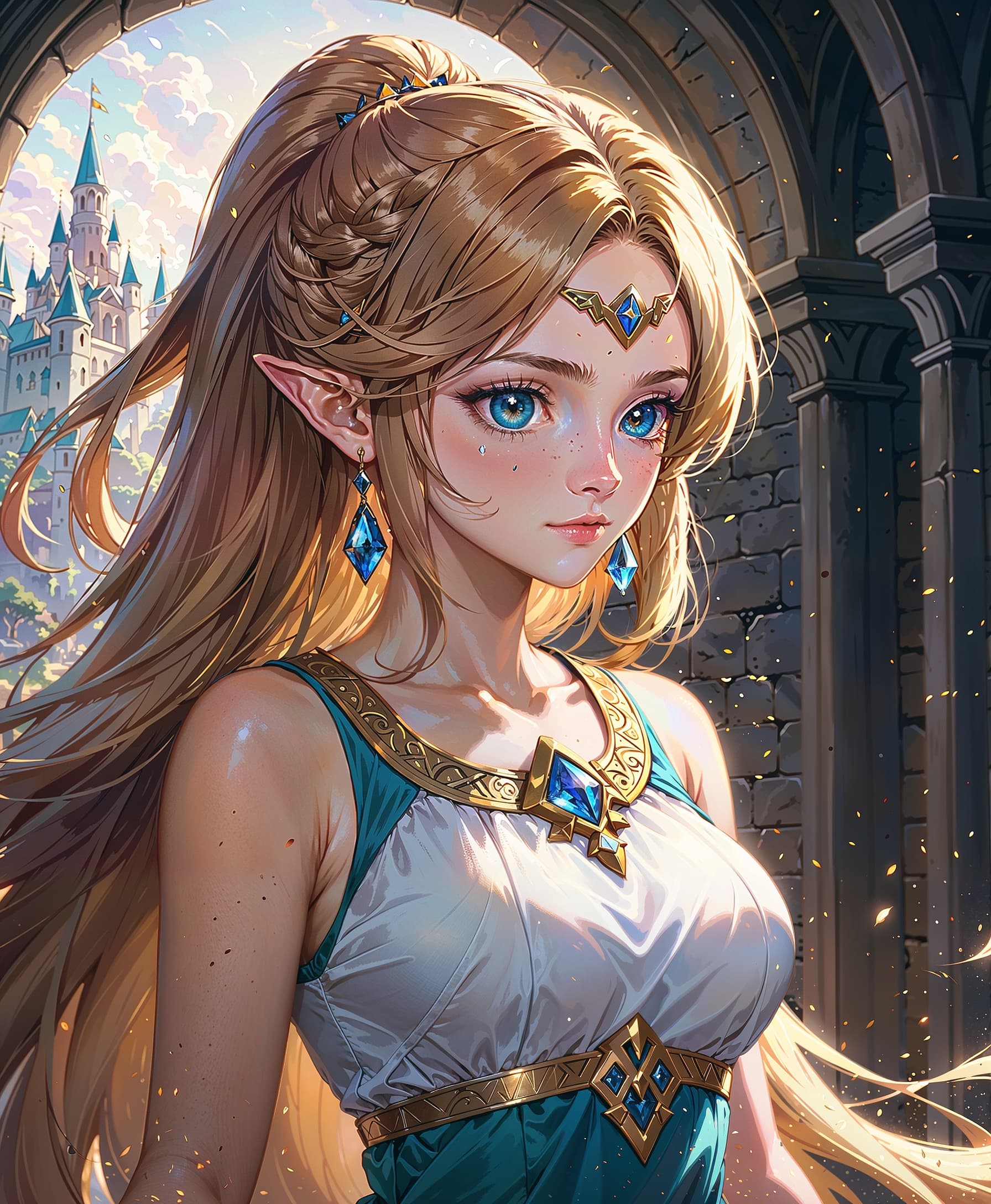 AI generated: (Score_9, score_7_up), featuring a solo image of Princess Zelda in a white, sleeveless dress. The sc...