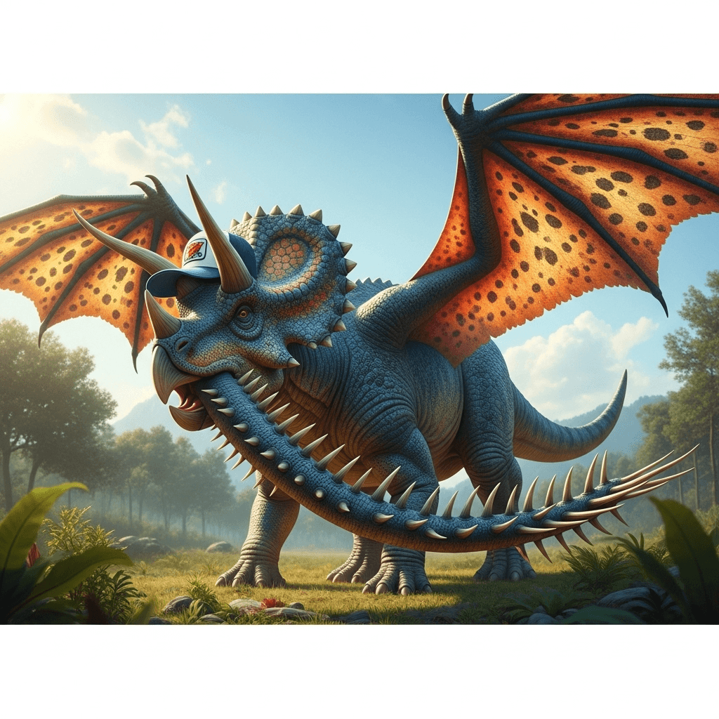 AI generated: un dinosaurio con gorra 
 y con una cola pinchos y alas de dragon comiendo el culo