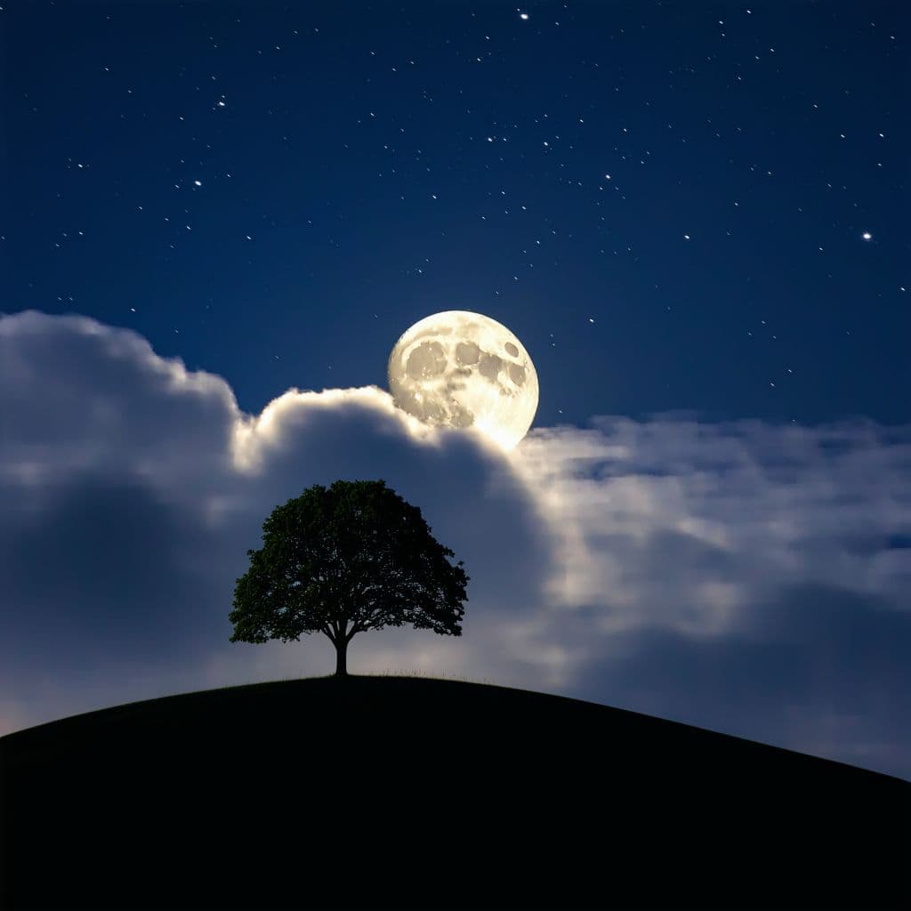 AI generated: A dark night with faint stars showing between many clouds, a full moon illuminating a single tree on...