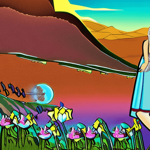 AI generated: 30 year old trans women in a bakini on an alien planet smelling flowers with mountains and tarain
