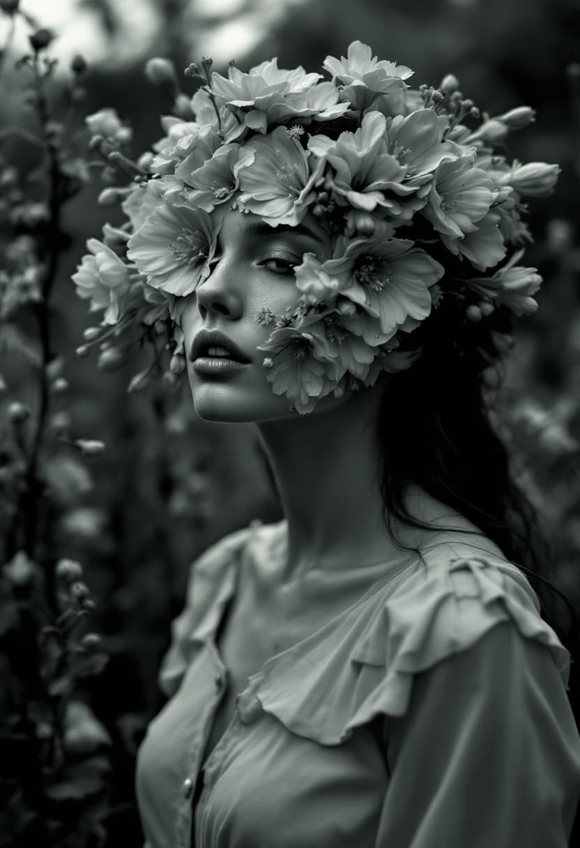 AI generated: A woman stands in a dimly lit garden, her face composed entirely of flowers that bloom in reverse, r...