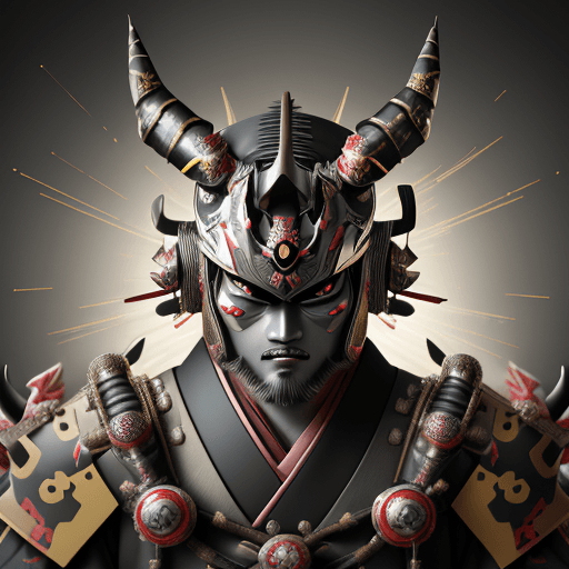 AI generated: Japanese samurai portrait, helmet
with horns, Pikachu Pokemon design masked, intricately sculpted, B...