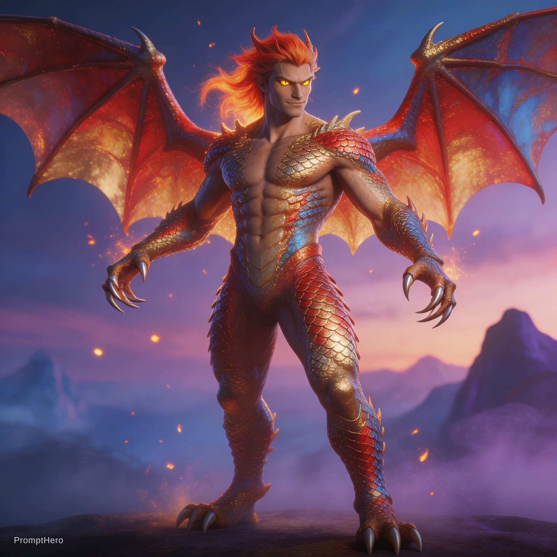 AI generated: A powerful and man perfectly integrated with the essence of the dragon, Imaginative and visually str...