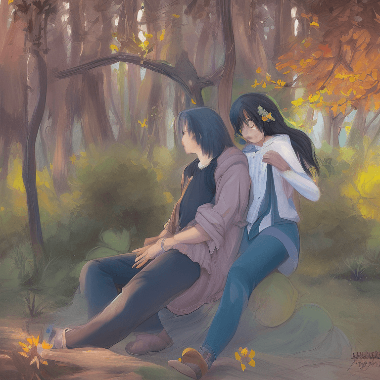 AI generated: a fat boy and a girl sitting together and hugging in a forest. girl has long flowing red hair. boy h...
