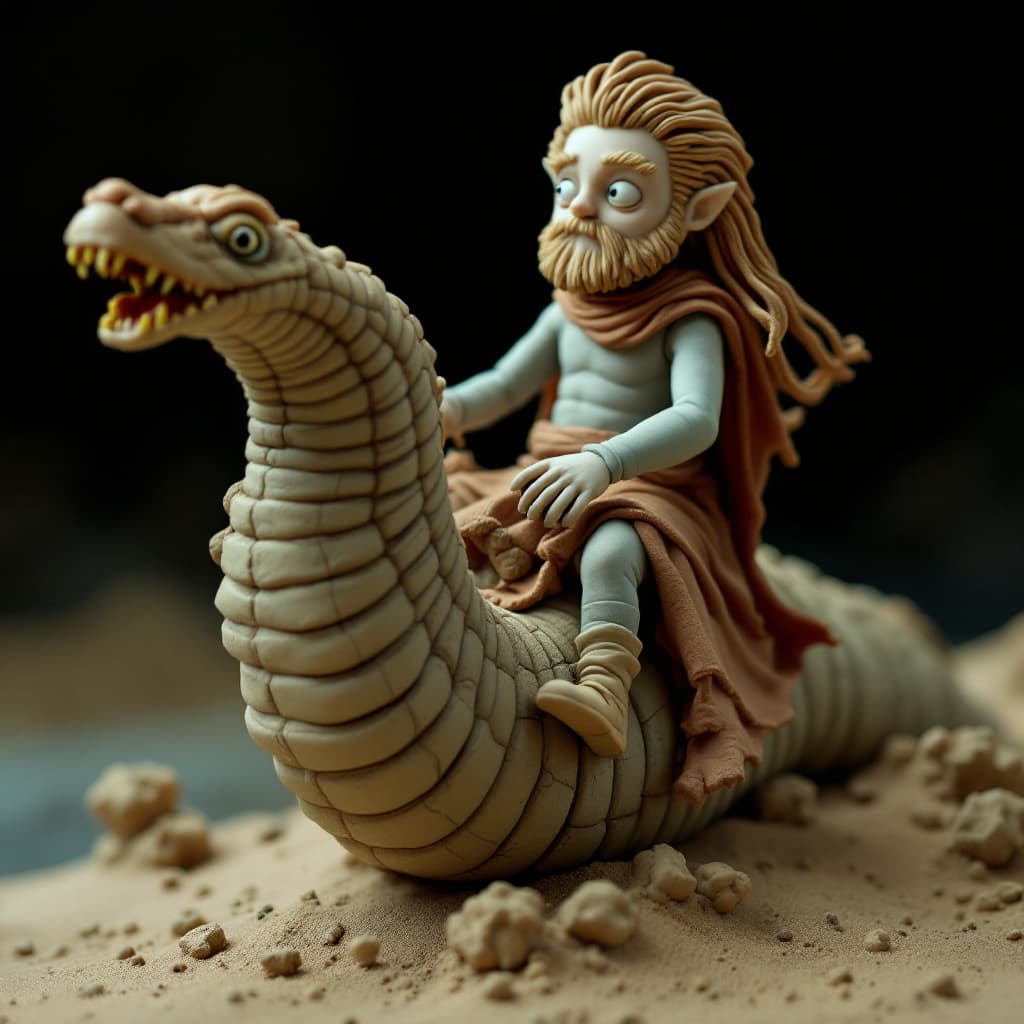AI generated: Plasticine figure of Paul Atreides of their movie Dune riding a sandworm. Clay animation style to em...