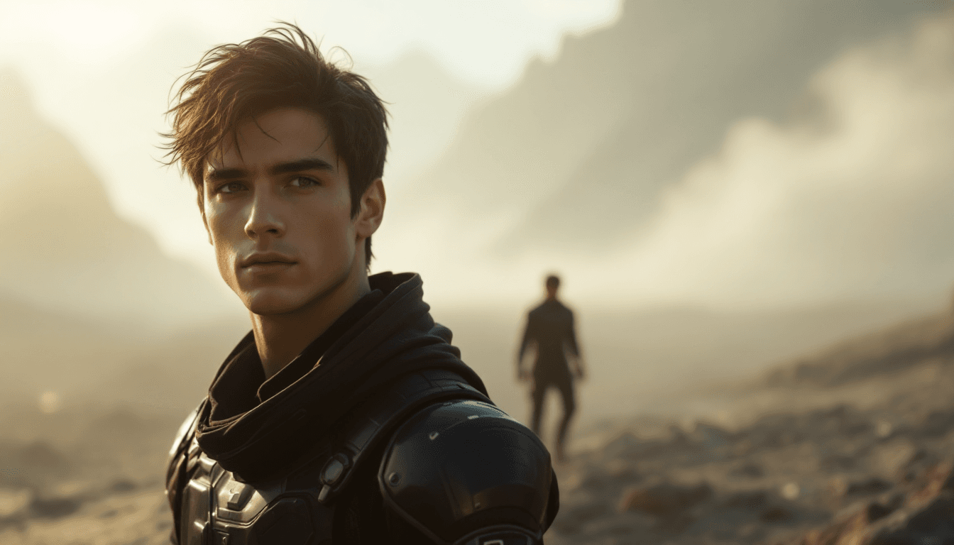 AI generated: A cinematic movie still of an attractive young man with dark hair, wearing black futuristic space ge...