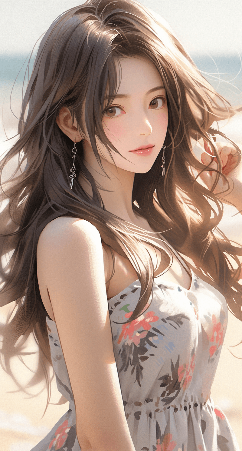 AI generated: a picture of an attractive woman on the beach, in the style of cartoon realism, gongbi, photo-realis...
