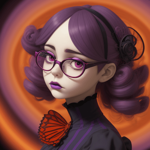 AI generated: cartoon girl with glasses, purple, in the style of natalie shau, dark orange and red, junya watanabe...